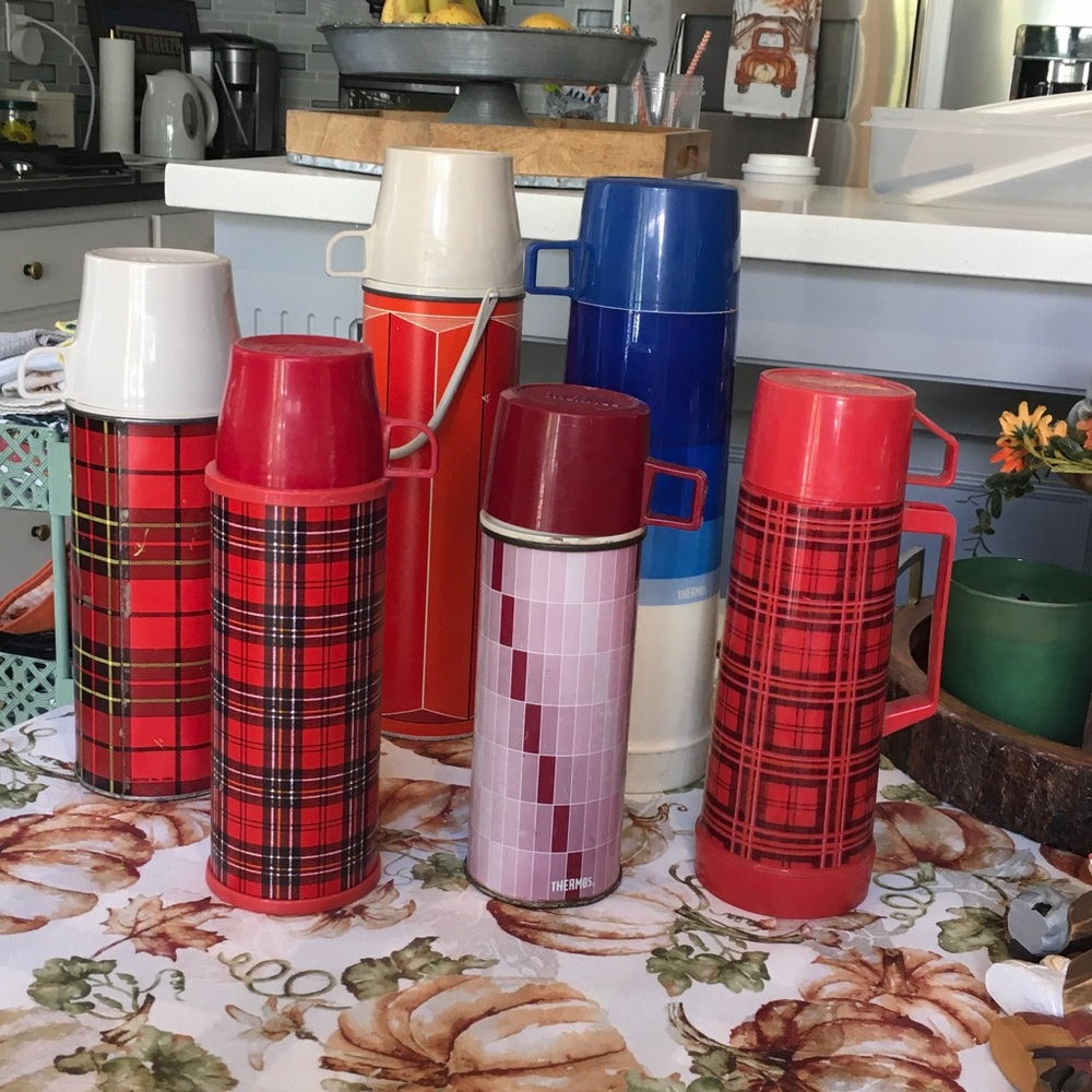 Vintage Thermos and Aladdin 6 piece Set - scotch plaid, blue and pink